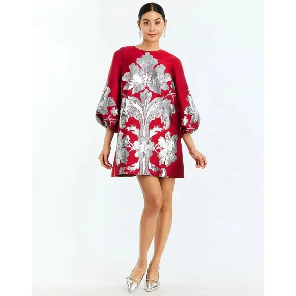 NWT Mestiza Rosanna Mini Dress A-line Red Silver Balloon Sleeves Cocktail Sz XL - Picture 3 of 14
